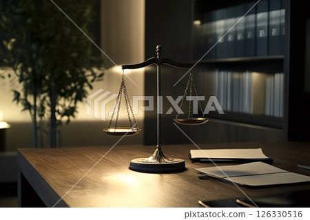 Scales of justice balancing on desk in law office at night 126330516