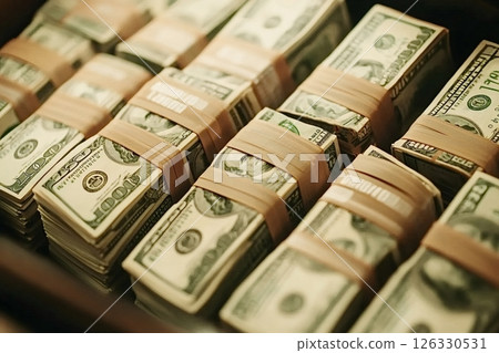 Stacks of one hundred dollar bills wrapped with rubber bands in suitcase 126330531