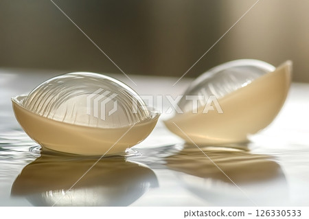 Two silicone breast implants floating on water surface 126330533