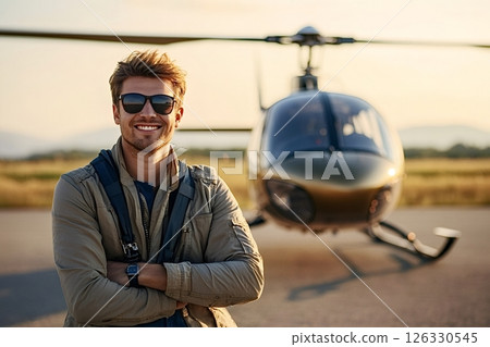 Pilot smiling with arms crossed posing in front of helicopter at sunset 126330545