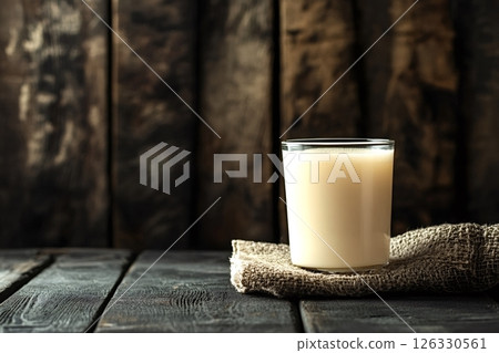 Glass of plant based milk on rustic wooden table 126330561