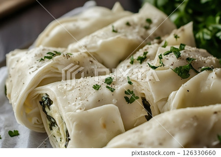 Delicious spanakopita rolls sprinkled with parsley and spices being prepared 126330660