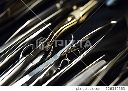 Close up of surgical instruments displaying precision and sterility 126330663