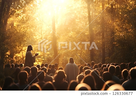 Jesus christ praying in forest with disciples listening during golden hour 126330677