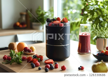 Modern black blender filled with berries preparing a smoothie in a kitchen Modern black blender filled with berries preparing a smoothie in a kitchen 126330686