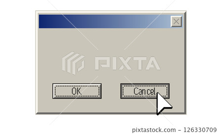 Retro pixel-style illustration of a vintage computer dialog window with a cursor clicking the Cancel button. Classic 90s operating system UI element. 126330709