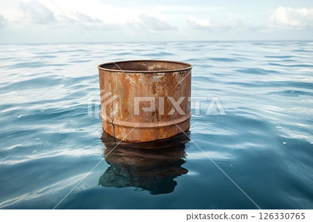 Rusty barrel floating in the ocean: marine pollution concept 126330765