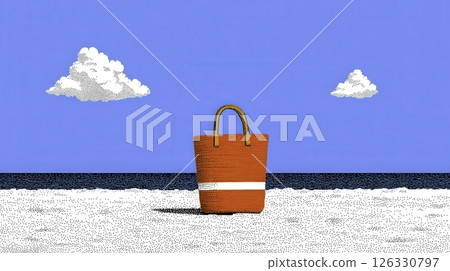 A vibrant red tote bag rests on soft white sand, surrounded by a clear blue sky. Fluffy clouds float peacefully above a tranquil ocean, creating a serene beach ambiance. 126330797