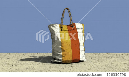 A brightly colored tote bag with orange and yellow stripes is placed on warm sand at the beach, showcasing a clear blue sky above. The scene evokes a relaxed summer vibe. 126330798