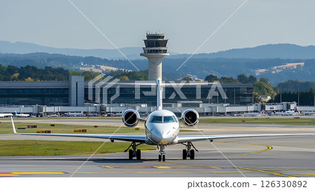 A small jet plane is sitting on the runway at an airport 126330892