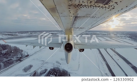 A plane is flying through the sky with the sun shining on the wing 126330902