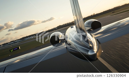 A jet is flying through the sky with the sun setting in the background A jet is flying through the sky with the sun setting in the background 126330904