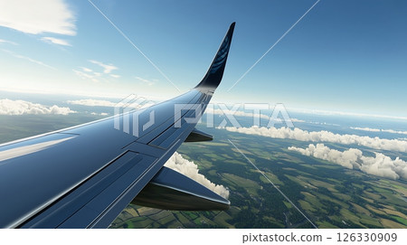 The wing of an airplane is seen in the sky, with clouds in the background 126330909