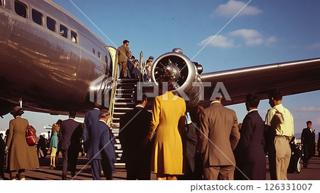 A group of people are boarding a plane 126331007