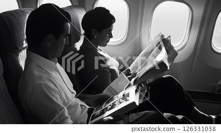 A man and a woman are sitting on a plane, reading newspapers 126331038