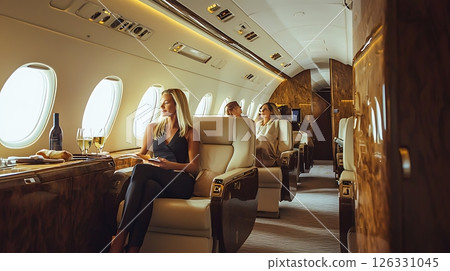 A woman is sitting in a plane with two other women 126331045
