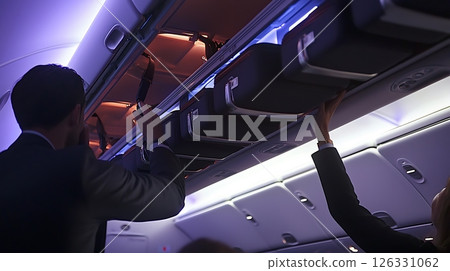 Two men are reaching for luggage on an airplane 126331062
