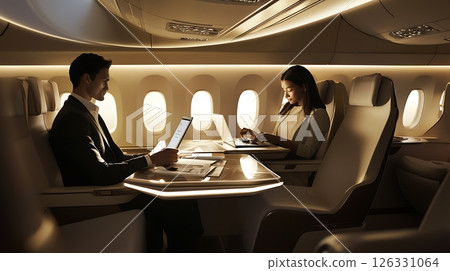 Two people are sitting at a table in an airplane 126331064