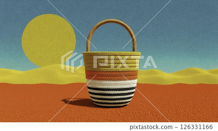 A vibrant woven basket with a mix of yellow, orange, black, and white stripes sits prominently on a bright desert backdrop. The sun shines brightly in the clear blue sky, creating a warm atmosphere. 126331166