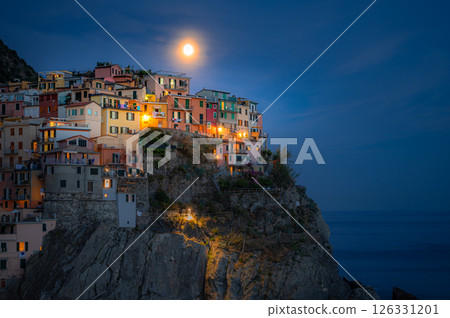 Manarola Village at Night with Full Moon Manarola Village at Night with Full Moon 126331201
