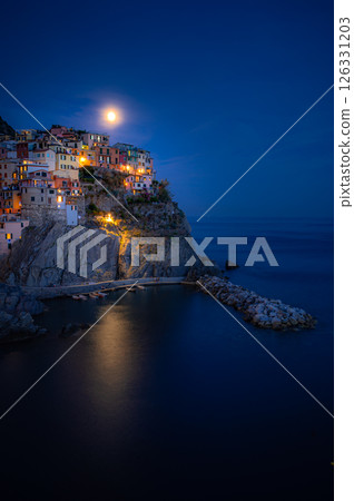 Manarola Village at Night with Full Moon Manarola Village at Night with Full Moon 126331203