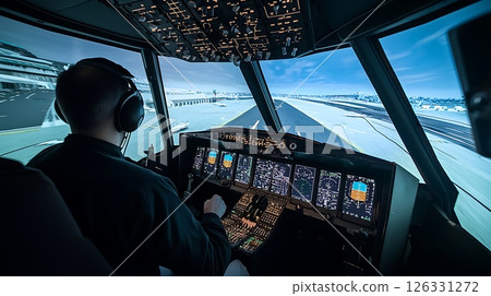 A pilot is flying a plane in a simulator A pilot is flying a plane in a simulator 126331272