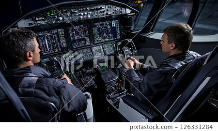 Two pilots are sitting in the cockpit of an airplane Two pilots are sitting in the cockpit of an airplane 126331284