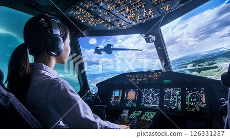 A woman piloting a plane in a cockpit 126331287