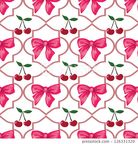 Pink coquette bows and clusters of tiny red cherries with green leaves, seamless pattern.The bow and cherry designs are evenly spaced, for wrapping paper or fabric 126331320