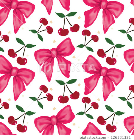 Pink coquette bows and clusters of tiny red cherries with green leaves, seamless pattern.The bow and cherry designs are evenly spaced, for wrapping paper or fabric Pink coquette bows and clusters of tiny red cherries with green leaves, seamless pattern.The bow and cherry designs are evenly spaced, for wrapping paper or fabric 126331321