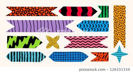 Note sticker and abstract paper shape collection with colorful patterns. Hand drawn memo elements for notebook, diary, or bookmark design. Fun vector graphics ideal for creative branding projects. Note sticker and abstract paper shape collection with colorful patterns. Hand drawn memo elements for notebook, diary, or bookmark design. Fun vector graphics ideal for creative branding projects. 126331334