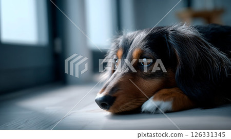 [AI 生成的圖像] 一隻臘腸犬悲傷地望著窗外 126331345