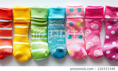 A row of colorful socks with polka dots and stripes 126331346
