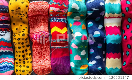 A row of colorful socks with various patterns and designs 126331347