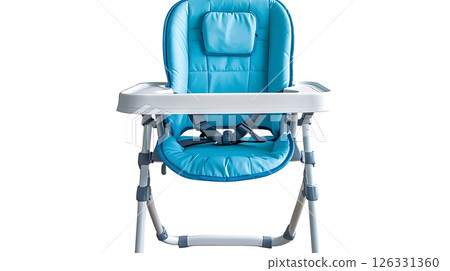 A blue high chair with a white tray 126331360