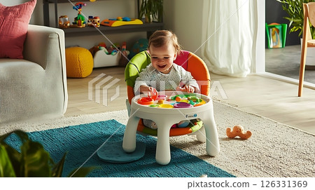 A baby is sitting on a table with a variety of toys 126331369
