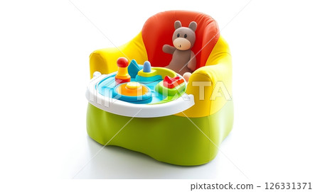 A green and yellow chair with a stuffed animal on it 126331371