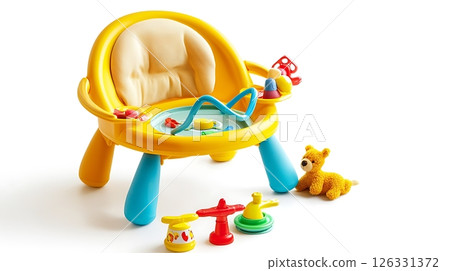 A yellow toy chair with a blue cushion sits on a white background A yellow toy chair with a blue cushion sits on a white background 126331372