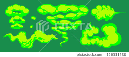 Fluorescent green smoke cloud and gas shape collection on green background, cartoon style. Gas shape and smoke cloud illustration. Great for comics, stickers, or toxic themed visuals 126331388