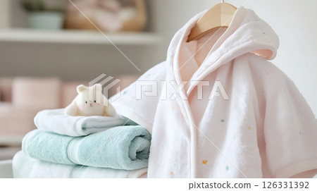 A baby's clothing is displayed on a rack, including a pink hooded robe A baby's clothing is displayed on a rack, including a pink hooded robe 126331392