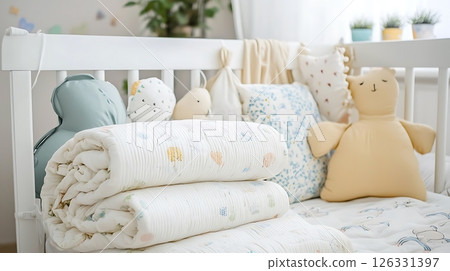 A white crib with a white blanket and stuffed animals on top of it A white crib with a white blanket and stuffed animals on top of it 126331397