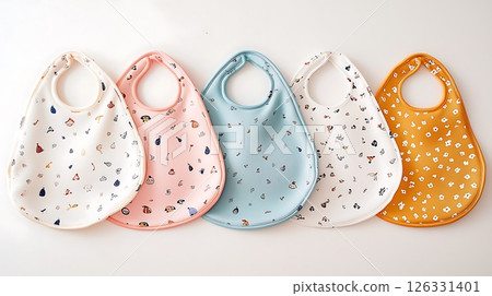 A row of baby bibs with different colors and patterns A row of baby bibs with different colors and patterns 126331401