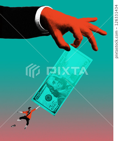 Man in red shirt flying, clinging to hundred dollar bill held by giant hand. Contemporary art collage. 126331434
