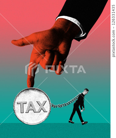 Giant red hand holds heavy tax coin chained to walking man in black suit. Contemporary art collage. 126331435