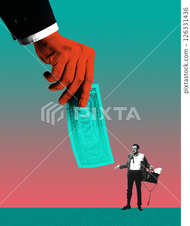 Red hand offers single dollar to tired businessman holding briefcase. Contemporary art collage. Red hand offers single dollar to tired businessman holding briefcase. Contemporary art collage. 126331436
