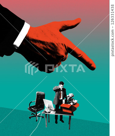 Giant red hand points toward man packing office desk in sadness. Contemporary art collage. Giant red hand points toward man packing office desk in sadness. Contemporary art collage. 126331438