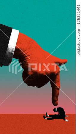 Red hand points at lonely defeated man sitting on red floor in despair. Contemporary art collage. 126331441