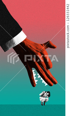 Red hand with sharp claws descends toward frightened crouching woman. Contemporary art collage. 126331442