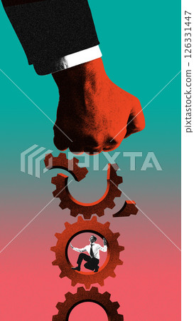 Man trapped inside gear crushed by red hand above broken machinery. Contemporary art collage. 126331447