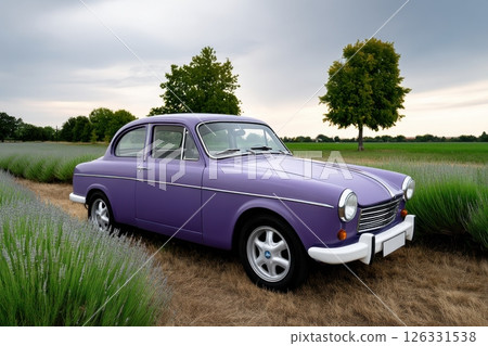 A beautifully restored vintage purple Hillman Minx classic car positioned in a picturesque lavender field. The retro automobile features its original chrome trim and modern alloy wheels. 126331538